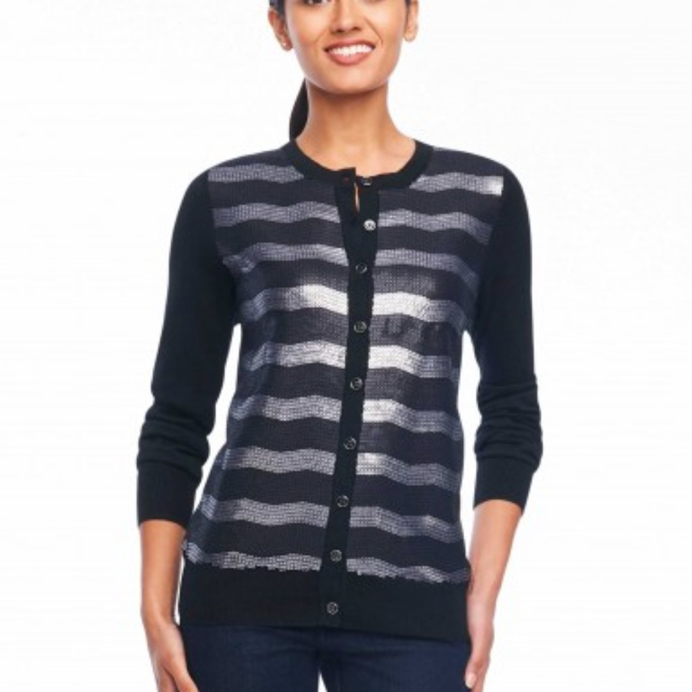 Foxcroft Sequin Stripe Cardigan - Medium - New wit